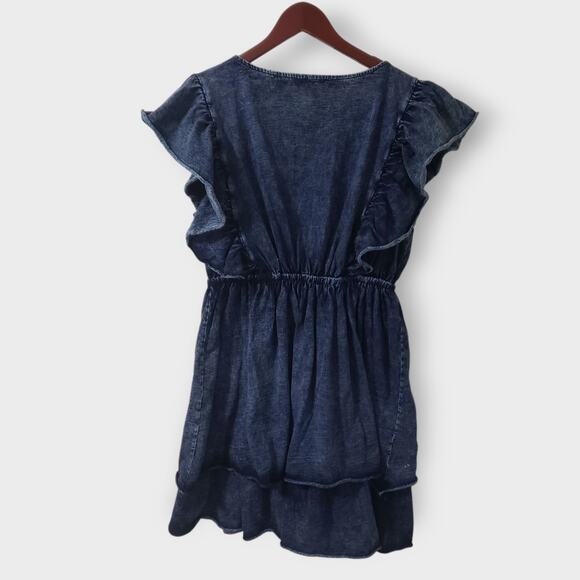 White Birch Acid Wash Denim Ruffle Tiered Flutter Mini Dress XL Layered Grunge - Picture 5 of 12